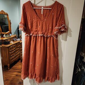 Anthropologie Samia Ruffled Tunic Embroidered Dress Salmon Sz 6 Lined Pockets